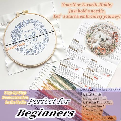 FONNUY Embroidery Kit for Beginners, Cute Hedgehog Stamped Embroidery Patterns Kits for Adults with Hoop, Easy to Follow Sewing Thread Needlework, 8'' Hoop (Tiny Ball) - color: Tiny Ball