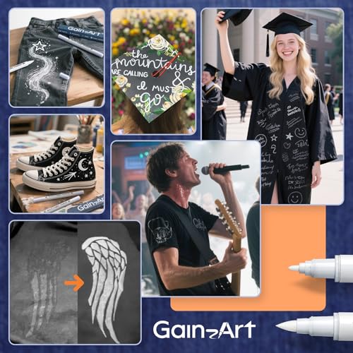 Gain-Art White Fabric Marker for Dark Clothes, Wash-Resistant, No Bleed, Quick Dry Professional Dual Tip Pen, Permanent Paint for Clothing, Canvas Cover Stains, DIY Art Crafting Set of 2