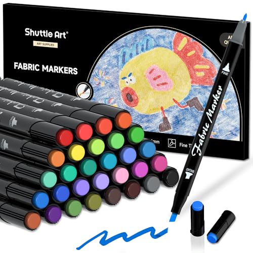 Shuttle Art Fabric Markers Pens, 30 Colors Dual Tip Fabric Marker Permanent No Bleed Markers for T-Shirts Sneakers, Non-Toxic & Child Safe Shirt Pens for Adult Painting Writing - color: 30 Colors