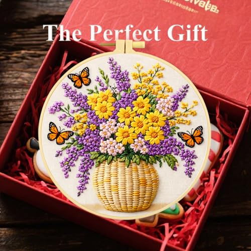 Zhenqing Flower Basket Embroidery Kit for Beginners, Pre-Printed 29x29cm Cotton Fabric with 20cm Hoop, Garden Design with Butterflies (JC0047