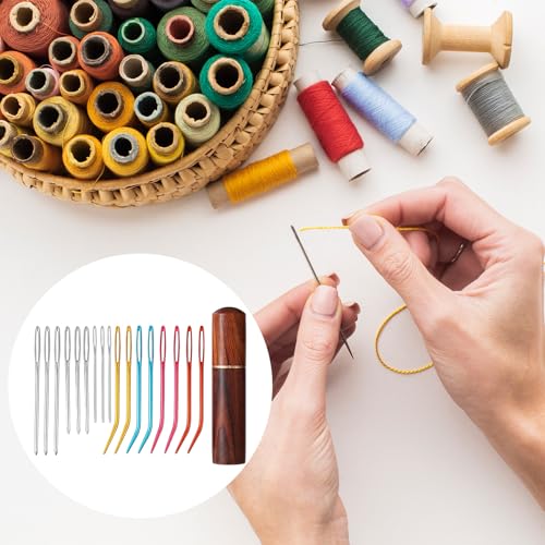17pcs Large Eye Sewing Needles Kit with Wooden Case, Blunt Darning & Bent Tapestry Hand Yarn Needles Tool Supplies for Crochet Knitting Kandi Embroidery Projects