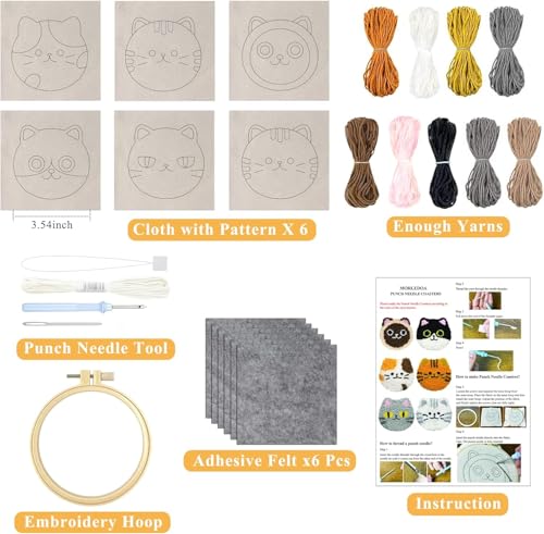 Morledoa Punch Needle Coasters Kit, Cat Punch Needle Kits Adults Beginner