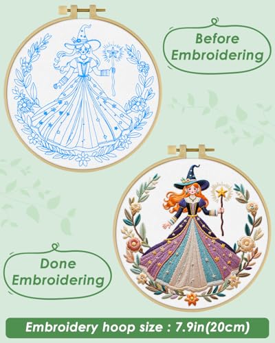 ERKOON Embroidery Kit for Beginners Adult, Cross Stitch Set Include Embroidery Cloth Hoops Threads for Craft Lover Hand Stitch with Embroidery Skill Techniques (White Witch) - color: White Witch