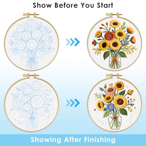 ERKOON Embroidery Kit for Beginners Adult, 2 Set Flower Cross Stitch Set Include Embroidery Cloth Hoops Threads for Craft Lover Hand Stitch with Embroidery Skill Techniques (Sunflower) - color: Sunflower