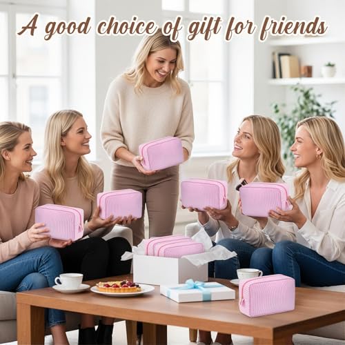 Sanwuta 10 Pcs Seersucker Cosmetic Bag Seersucker Makeup Bag Women Stripe Large Travel Toiletry Organizer Preppy Storage Pouch for Embroidery Wedding Bridesmaid Bride Mom (Pink) - color: Pink