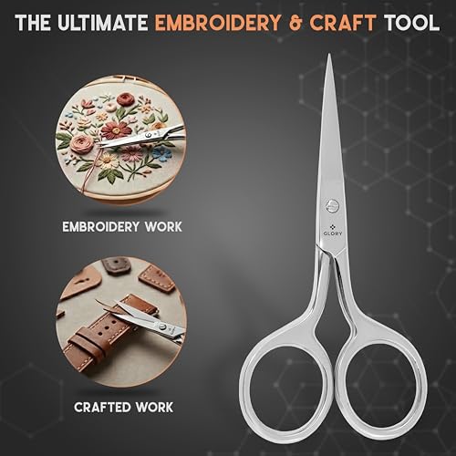 GLORY Small Precision Embroidery Scissors 3.75 Inch Sharp Pointed Tip Stainless Steel Shears for Sewing, Crafting & Needlework, Professional Grooming Scissors for Eyebrows, Eyelash & Facial Hair