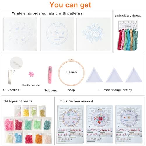 Myfelicity Bead Embroidery kit with Floral Patterns, Colorful Thread Sets, and Instructions, Suitable for Beginners and Adults, Box Packaging