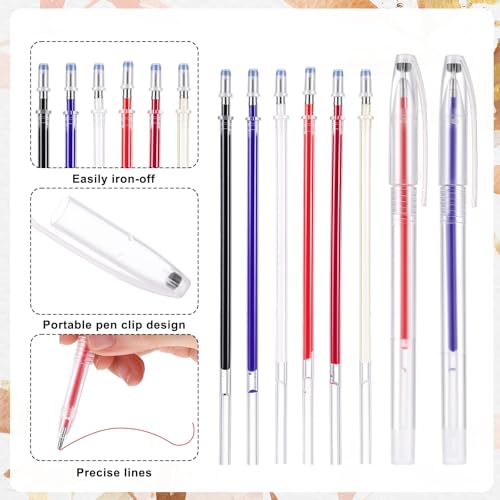 Heat Erasable Pens for Fabrics with 20 Refills, Fabric Marking Pens for Sewing, Quilting, Embroidery, Dressmaking and DIY Dressmaking, Heat Pen for Fabric, 6 Colors