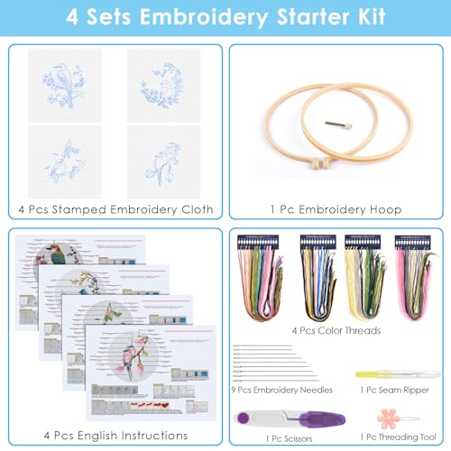 ERKOON 4 Sets Embroidery Kit for Beginners,Hummingbird and Flower Cross Stitch Set for Include Embroidery Cloth Hoops Threads for Craft Lover Hand Stitch (Flowers and Birds) - color: Flowers and Birds