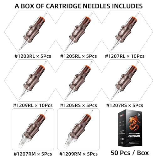 50 Assorted Tattoo Cartridge Needles Mixed Size #12 Round Liner Shader Magnum - 5 Pcs each of 3RL, 5RL, 5RS, 7RS, 7RM, 9RM, 10 Pcs each of 7RL, 9RL Pro Disposable Membrane Tattoo Needles - size: 50Pcs-#12 3/5/7/9RL-5/7RS-7/9RM