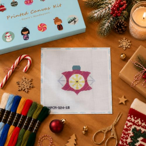 Howie's Needlepoint Bauble Needlepoint Kits for Adults & Beginners, 18 Mesh Printed Needlepoint Canvas, Stamped Patterns Canvas Starter Kits(Festive Baubles 8,4"x 3.75") - color: Festive Baubles 8