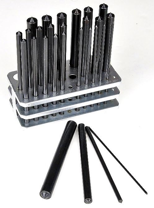 HHIP 8600-0041 28-Piece Transfer Punch Set – 3/32" to 1/2" by 64ths + 17/32", Precision Undersize .0025", Hardened Tool Steel, 4-7/8" Long, Black Oxide, Indexed Stand for Accurate Hole Transfer - size: 3/32-1/2", style: 28 Piece Inch Set