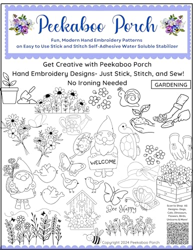 Garden Flowers Gnome Ready-to-Use Fun Modern Embroidery Design Transfers on Stick and Stitch Water Soluble Sewing Stabilizer Paper for Hand Embroidery Kit Thread Art Projects - color: Garden