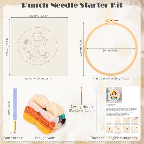 JSRQT Honey Gnomes Punch Needle Kit for Beginners, Punch Needle Embroidery Starter Kit for Adult Kids, DIY Cross Stitch Rug Hooking Craft Beginners Kit with Tools for Home Decor