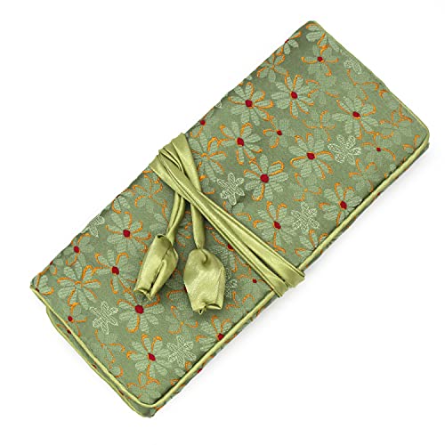 SmilerSmile Jewelry Travel Bag Embroidery Travel Jewelry Organizer with Tie Close Embroidered Flower Jewelry Roll for Women Girls (Flower Green) - color: Flower Green