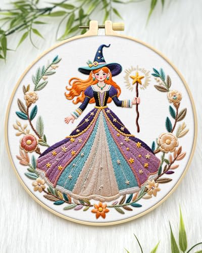 ERKOON Embroidery Kit for Beginners Adult, Cross Stitch Set Include Embroidery Cloth Hoops Threads for Craft Lover Hand Stitch with Embroidery Skill Techniques (White Witch) - color: White Witch