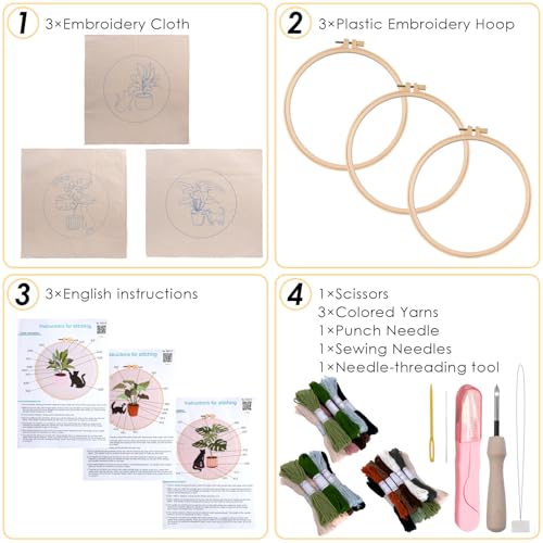 Punch Needle Kit for Adults Beginners - 3 Sets DIY Embroidery Starter Kit - color: 04-cats