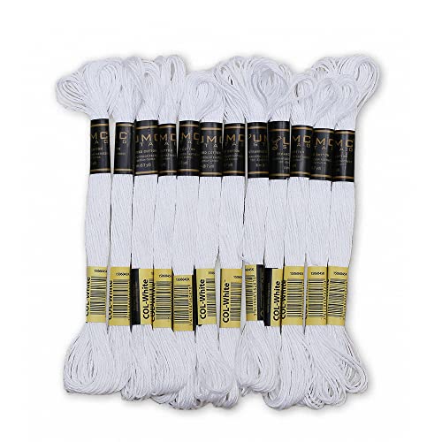Pack of 12 Premium Embroidery Thread | 100% Egyptian Cotton Premium Skeins | Cross Stitch Embroidery Floss | Oeko TEX Certified Stranded Cotton | Ideal for Arts & Crafts (White-12) - color: White-12