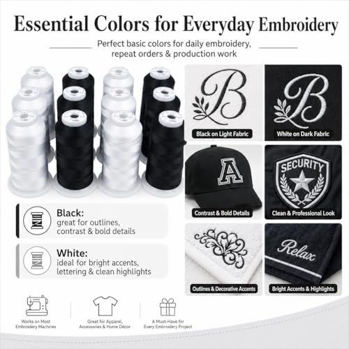 Simthread 12 Spools 3000 Yards 40WT Polyester Embroidery Thread Black White