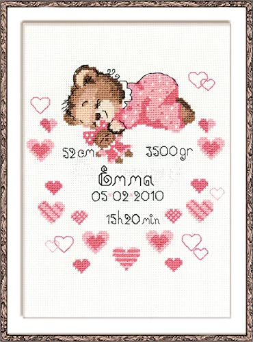 RIOLIS 1123 Girls Birth Announcement Counted Cross Stitch Kit 7 x 9.5 in - style: Girls Birth Announcement 1123