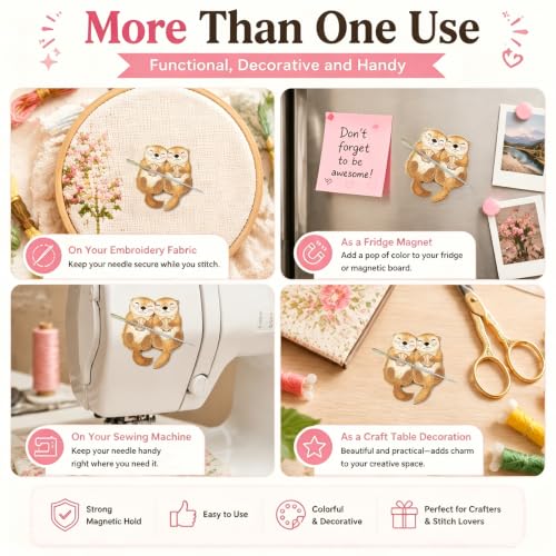 Needle Minder for Keeping Sewing & Embroidery Needles – Magnetic Needlepoint Holder, Cross Stitch Supplies – Secure & Decorative Needle Minders for Stitching & Crafting (Cute Otters)