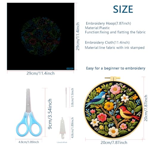 Zhenqing Floral Tree with Birds Embroidery Kit for Beginners, Pre-Printed 29x29cm Cotton Fabric with 20cm Hoop, Colorful Spring Garden Design (C0239)