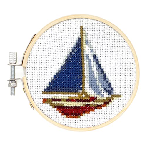 Kikkerland DIY Mini Cross Stitch Sailboat Embroidery Craft Starter Kit Set, with Pattern Instructions, 3" Bamboo Hoop, Stress Relief, Adult Beginner Friendly - color: Sailboat