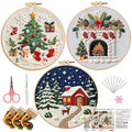 LB Christmas Embroidery Kit for Beginners Adults, 3 Sets Hand Embroidery Starter Kit with Fireplace Pattern and Instructions Stamped Cross Stitch Kits Include Embroidery Hoop Needles Threads Scissors - color: Blue