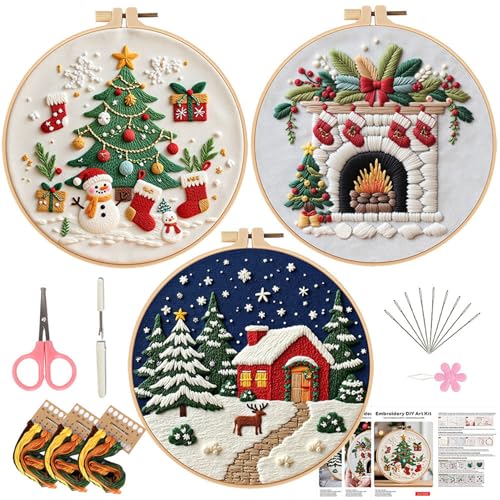 LB Christmas Embroidery Kit for Beginners Adults, 3 Sets Hand Embroidery Starter Kit with Fireplace Pattern and Instructions Stamped Cross Stitch Kits Include Embroidery Hoop Needles Threads Scissors - color: Blue