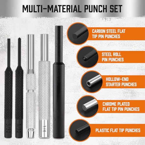 HORUSDY 22-Piece Punch and Hammer Set, Steel Roll Pin Punch Set with Interchangeable Hammer Heads, Durable Punch Tool Kit for Maintenance, with Storage Case