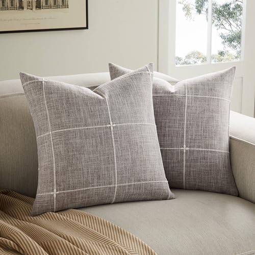 2 Packs Grid Embroidery Throw Pillow Covers 20x20in Brown - color: Brown, size: 20" x 20" (Pack of 2)