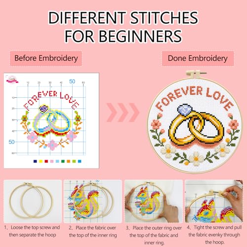 Zhenqing Forever Love Cross Stitch Kit with Wedding Rings, 11CT Printed 20x20cm for Beginners, Romantic Embroidery Set with 16cm Hoop(70837) - color: Forever Love