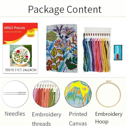 Zhenqing Rose and Lily Cross Stitch Kit for Beginners - 11CT 24x24cm Pre-Printed Pattern with Embroidery Hoop, Threads & Tools, Floral Design(70519) - color: Rose and Lily