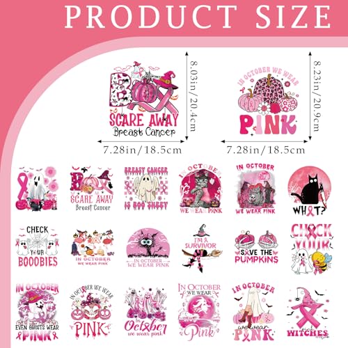 Dazoratix Breast Cancer Iron on Transfers - 20 Sheets Awarenes Halloween DTF Ready to Press Heat Patches Pink Ribbon Designs Vinyl Boo Stickers Decals for Women T Shirts Clothes Bag Applique DIY Craft - style: Breast Cancer Awareness