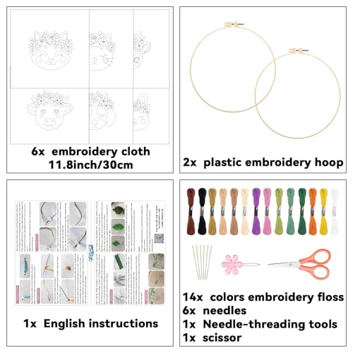ORIGACH 6 Pack Animals & Floral Crown Embroidery Kit for Beginners - style: Animals & Floral