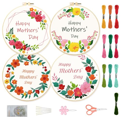 ORIGACH 4 Pack Embroidery Kits for Mother's Day Gift, DIY Floral Embroidery Kit with Garland Patterns and Instructions for Adult - color: Floral