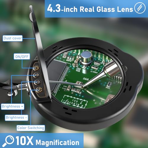 10X Magnifying Glass with Light and Stand, Black 4.3" Helping Hands Soldering Station with 4 Flexible Helping Arms, 5 Color Mode, 10 Dimmable Levels for Electronics Repair, Jewelry, Hobby - color: Black, size: Standard Helping Hands