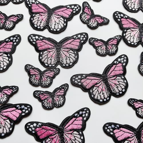 20pcs Butterfly Iron on Patches, 2 Sizes Pink Butterfly Embroidered Patches Applique for Clothes Hats Jeans Jacket - color: Pink butterfly