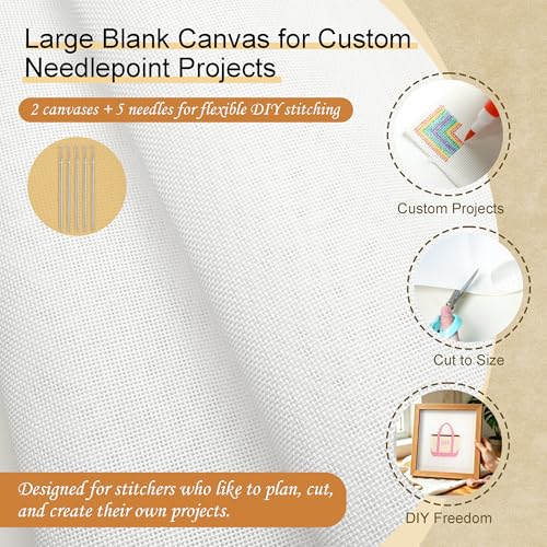 Kaitiaki 18 Mesh Needlepoint Canvas, 2 Pack 20 x 18 Inch Rolled Packaging with 5 Needles, 100% Cotton 18CT Blank Canvas Sheets, No-Fold Refill Needlepoint Fabric Set for DIY Embroidery Crafts - color: White 18mesh-20x18 in