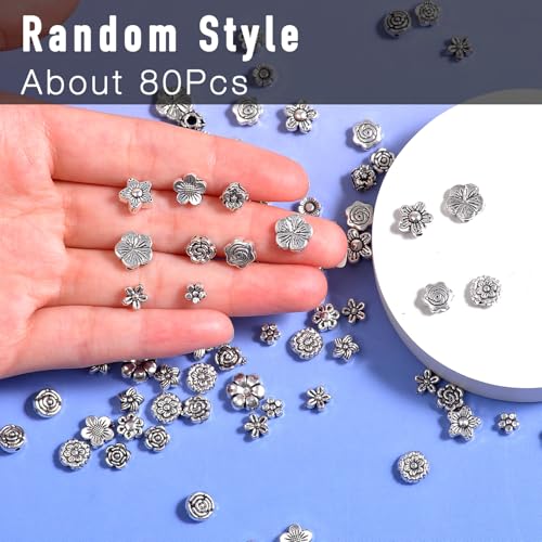 stino Silver Metal Spacer Beads for Jewelry Making, Heart Butterfly Flower Fish Beads for Bracelet Necklace Earrings,Jewelry Findings & Supplies, 50g (Flower (80pcs)) - color: Flower (80pcs)