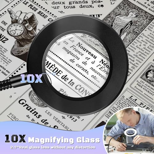 10X Magnifying Glass with Light Clip on Mganifier with 48 LED Lights