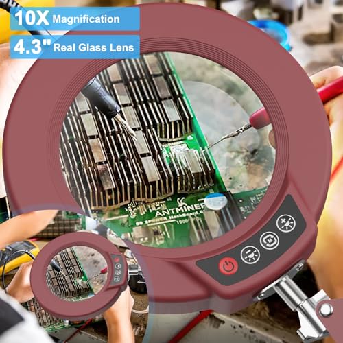 10X Magnifying Glass with Light and Clamp, Real Glass Stand Lighted Magnifier, 5 Color Modes Stepless Dimmable LED Desk Lamp Hands Free for Crafts Hobby Reading Painting Sewing Close Work - Red - color: Red, size: 10X-Regular Arm