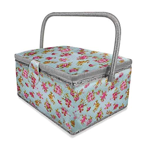 Sewing Basket with Blue Pink Rose Floral Design - Sewing Kit Storage Box with Removable Tray, Built-in Pin Cushion and Interior Pocket - by Adolfo Design - color: Blue Rose, size: Large - 12" x 9" x 6"
