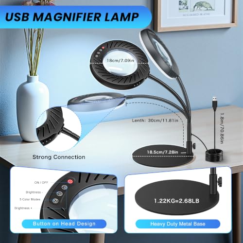 Akynite 12X Magnifying Glass with Light and Stand,5 Color 9 Levels Dimmable