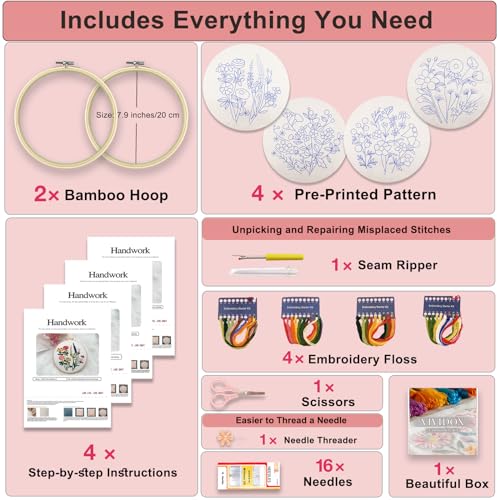 VIVIDOX 4 Sets Embroidery Kit for Beginners with Stitch Video, Flower Cross Stitch Kits for Adults, Starter, Hand Craft Lover Practice with Floral Stamped Pattern, 2 Hoops, 16 Needles, Scissors, Tools - color: Floral Kit (with 2 Hoops)