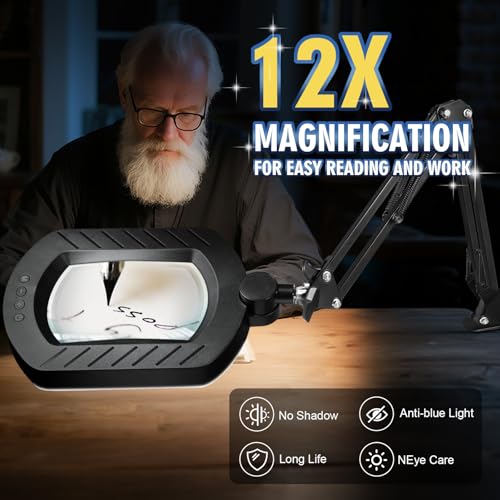12X Magnifying Glass with Light and Stand, 144 LED Lighted Magnifying Lamp