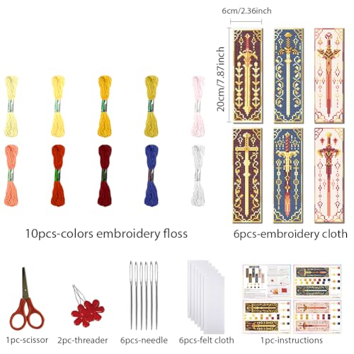 FREEBLOSS 6 PCS Cross Stitch Bookmark Kits for Beginner 8" x 2.4" - style: Sword