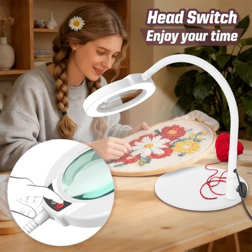 10X Magnifying Glass with Light and Stand, 16.5in Flexible Goose-Neck, 5 Color Modes Stepless Dimmable LED Lighted Desk Lamp, Hands Free Magnifier for Crafting Hobby Painting Close Work - White - color: White, size: 10X-16.5in