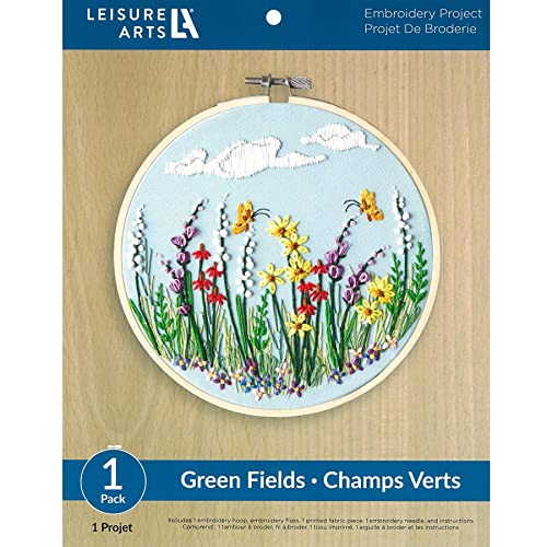 LEISURE ARTS Embroidery Kit for Beginners - Green Fields - Cross Stitch Kit for Adults - Includes 8'' Hoop & Pattern