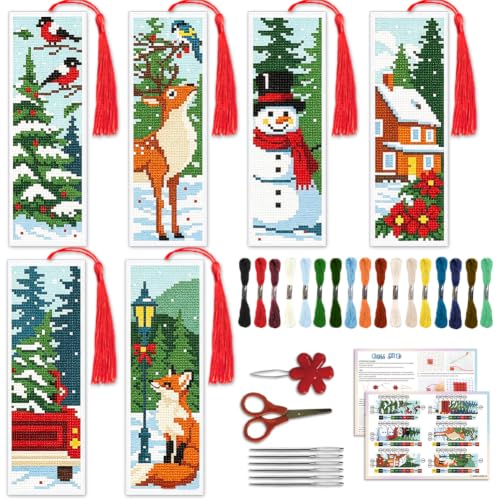 ACRNIGHEET 6PCS Cross Stitch Bookmark Kit (Winter Forest Pattern) - style: Winter Forest with Tassel